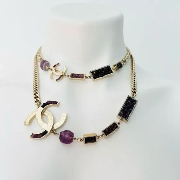 Chanel Y2K Gold Metal and Amethyst Curb Link Necklace Authentic - Picture 1 of 16